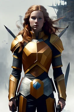 ultrarealistic, concept art, ruined city,__intricate fantasy armor__, no star, __angles__, 18 year old woman, strikingly beautiful,ginger hair, _colour_, (pale __skincolor__ skin:1.2), __camera__, _hair_, detailed face and eyes, medium breasts, sci-fi theme, freckles, dynamic pose, resolved expression, __accessory__, strappy outfit, (straps:1.1), sword in scabbard on left hip, (buckles, buttons, snaps, rings:1.0), haltertop style breastplate, detailed eyes, plump lips