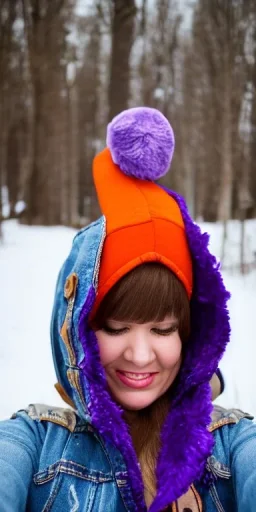 Brunette taking selfie.thick thighs,thick calves,flat belly,curvy fell. big head. Mantle is sewed of upcycled Denim and sewed together of camouflage pieces. Pieces' color are orange, cream and purple. It is with big bright purple felt tippet and birght-colored-hood is merged with colorful beanie. Big colored headphones (gold rings!) is merged with small felt cap with small visor. Style: Haute Couture in 1950's Africa, N.Y.C fashion in 2023