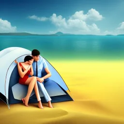 2 lovers last kiss in sand island with tent and river background