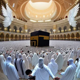 The scene in Mecca: People wearing white Ihram clothes, men without head coverings, women with veils, circumambulating around the Kaaba, and above them are transparent white spirits of children, men, and women with wings revolving around the Kaaba.