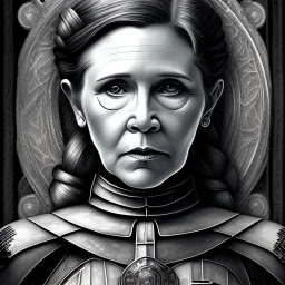 actress carrie fisher, ominous, waist up portrait, intricate, oil on canvas, masterpiece, expert, insanely detailed, 4k resolution, retroanime style, circular reflective eyes, cinematic smooth, intricate detail , soft smooth lighting, soft pastel colors, painted Renaissance style