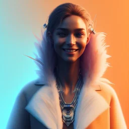 A beautiful portrait of a cyberpunk woman smiling facing camera orange color scheme, high key lighting, volumetric light high details with white stripes and feathers unreal 5, octane render, cinema4d, dynamic lighting, dramatic lighting, 4k, redshift render, highly detailed, hyper realistic