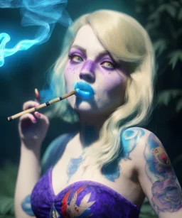 Ultra realistic wonderland photo, happy blonde woman smoking a shisha, blue dress, big purple-cat friend, circus dress style, old school tattoo, smoke, marijuana garden, glow eyes, perfect iris, soft color, highly detailed, unreal engine 5, cinematic, ultra detail, volumetric lighting, high definition.