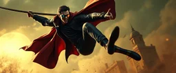 vampire cyberpunk action scene, acrobatic dodge, cape ,, cyber sun glasses, swing pole, steam punk, kick in belly