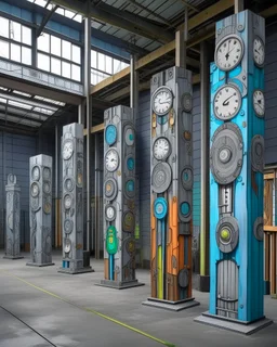 A gray factory with iron clocks designed in pacific Northwest totem poles painted by Qiu Ying