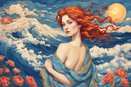 colourful digital painting of beautiful aphrodite, in the style of hokusai and van gogh