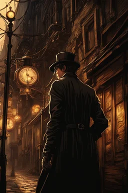 man in dark clothing, hiding around a corner., looking out on a brightly lit steampunk street