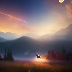 unicorn, soft light, fireflies, moon, night, mountains, trees, fantasy, woolitize, 85mm, RTX, Stanley Artgerm Lau, Salvador Dali, Agnes Cecile, Bouguereau