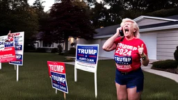 manly woman screaming on phone with trump 2024 campaign signs all over lawn