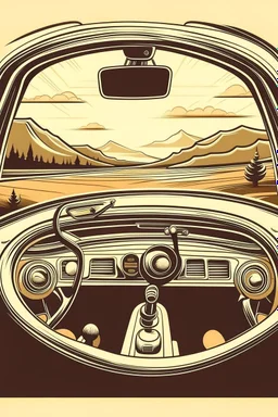 A vintage car phone with a curly cord, attached to the dashboard of a classic automobile. A scenic mountain highway stretches out in the background through the open window. Style: Retro travel, Mood: Adventurous, Lighting: Warm sunlight streaming through the window, T-shirt design graphic, vector, contour, white background.