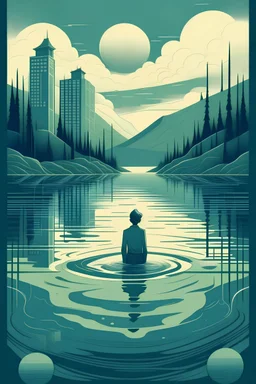Art poster for a book about a fictional city with a lake. The character is in the lake.