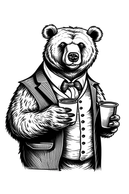 Daddy bear holding big hot cup of coffee, vector black & white