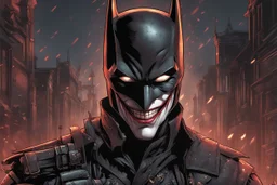 The batman who laughs in 8k comic book artstyle, joker smile, darkness them, full body, apocalypse, cover eyes, intricate details, highly detailed, high details, detailed portrait, masterpiece,ultra detailed, ultra quality