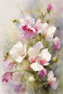 impressionistic watercolor painting, by Richard Schmid, ((best quality)), ((masterpiece)), ((realistic, digital art)), (hyper detaile), Richard Schmid style, intricate details, sweet pea flowers, white background, vivid coloring, some splashes
