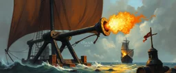 catapult fired from ship, trebuchet, onager, oil and airbrush, epic fantasy illustration, black giant