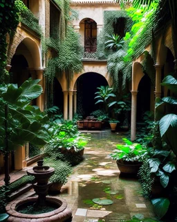 Nestled within the bustling city, a hidden oasis awaits within the courtyard of an ancient building. Sunlight filters through lush, verdant foliage, casting dancing shadows on flagstone pathways. A gentle fountain murmurs, its soothing melody harmonizing with the rustling leaves. Serenity envelops this haven, a respite from urban chaos, inviting restoration and inner peace. a person is in the space
