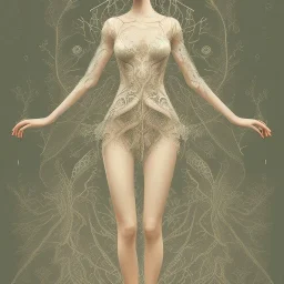 An woman with a beautiful face in a lace night dress, a thin lace dress and a body with designs in the shape of tree leaves on it, anatomical and full body shape with detailed details, the parts of the girl's body can be seen under the dress, a girl with breasts Big, dreamy and artistic painting, full HD 3D painting quality, 4K, 8K