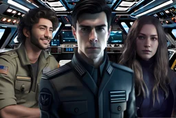 Three friends in war, in spaceship, standing together, photo realistic photograph, cinematic lighting