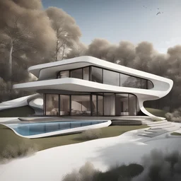 Dibujo de una casa campestre estilo Zaha Hadid, calidad ultra, 8k