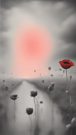 Bosch nightmares paining style Title:a field of poppies all colored in black and white, on red rose standing in the middle , 8k artistic photography, photorealistic concept art, soft natural volumetric cinematic perfect light, chiaroscuro, award-winning photograph, masterpiece, oil on canvas, Raphael, Caravaggio, Greg Rutkowski, people, beksinski, Giger
