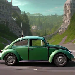 An old green VW Beetle, driving towards an Austrian castle, 8k, HD, cinematography, photorealistic, Cinematic, Color Grading, Ultra-Wide Angle, Depth of Field, hyper-detailed, beautifully color-coded, intricate details, beautifully color graded, Cinematic, Color Grading, Editorial Photography, Depth of Field, DOF, Tilt Blur, White Balance, 32k, Super-Resolution, Megapixel, ProPhoto RGB, VR, Halfrear Lighting, Backlight, Natural Lighti