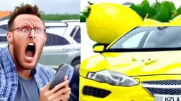 guy in hurricane arguing on phone next to his kia sportage made out of lemons