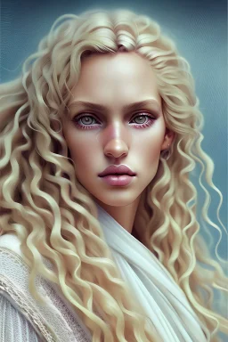 Beautiful Moroccan woman, 40 years old, wavy hair, beautiful big , symmetrical eyes, blond hair, painterly style, detailed, 8k, by Ashley Wood. --ar 2:3 --stop 80 --uplight