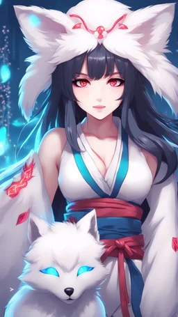 A close hot picture of Ahri with black hair and Japanese Clothes and nine White fox tail with neon glowing in fantasy world