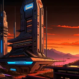 cyberpunk retro futuristic for comics really tall from far away