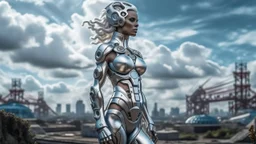 three-quarter view of a woman in a silver robotic catsuit standing in a futuristic derelict city with mushrooms with tentacles, floating in the sky