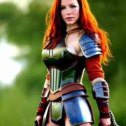 realistic, hyper detailed, evangeline lily teen, long ginger hair, green eyes, medium freckles, full lips, revealing leather armour, full body and head, exposed c-cup breasts, stern expression, full frame, petite, ignore NSFW, shortbow, quiver on hip, sexy