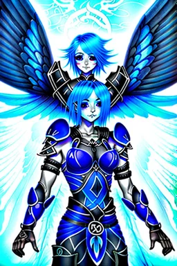 a person in runic armor with blue wings, blue short hair, runic tattoo and spell book