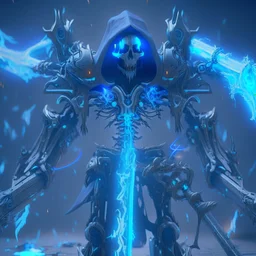 galactic robotic space reaper with mechanical scythe covered in blue flames, unreal engine 5, 8k resolution, photorealistic, ultra detailed