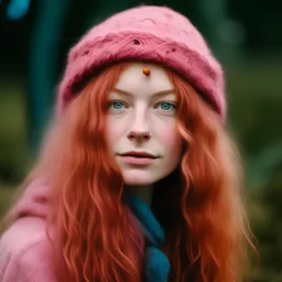 Young hippie woman with long pink woollen hair