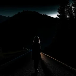 dark night, a woman silhouette on the side of the road,, mountains and forests next to the road, a sunrise in the distance, photo quality