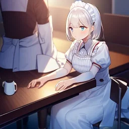 one anime girl in a waitress uniform sitting at a booth in a busy diner with two identical white coffee cups on the table, one white teacup is full and the other white cup is empty