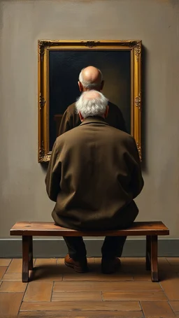 Bosch painting style a rear view of an old man sitting on a bench facing a picture on the wall , show from the back of the picture. The man Turn his face back toward you