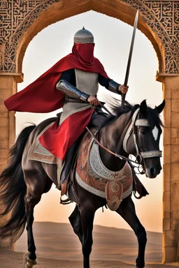 Cyborg assasin islamic arabian clothes on horse