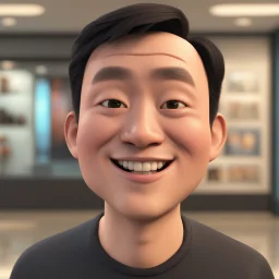 a portrait of smiling man. chinese people. carricature. undercut hair. fair skin. square face shape. black long sleeve shirt. pixar style. 3D. 4k. portrait. highly detailed. sharp focus. high resolution. full color. cinema lighting