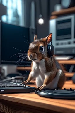 ein Eichhörnchen in Musikstudio mit Kopfhörer