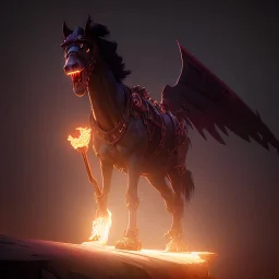  horse with black wings spewing flames from its mouth, holds a huge ax in his hand, and stands at the edge of the universe, steampunk, unreal 5, octane render, cinema4d, dynamic lighting, dramatic lighting, 4k, redshift render, highly detailed, hyper realistic