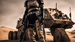 beautiful sexy caucasian female soldier, black metal body and limbs, visible cybernetic limbs, scratched sand camo, no armor, short brunette wavy bob haircut, dystopian, desert scene