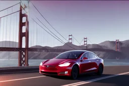 A Tesla 'Model S' is racing at top speed, on the 'Golden Gate' bridge. (CINEMATIC, WIDE ANGLE LENS, PHOTO REAL)