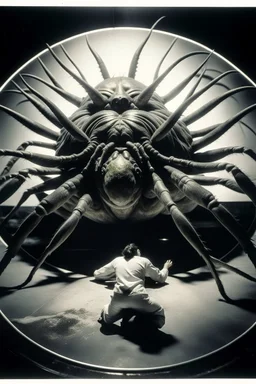polaroid, gruesome, cosmic unreal entity, terrifying, man next to it for size comparison, roughly 100-feet in diameter, these creatures are able to form limbs, eyes, teeth, wings, and other appendages at will, imitate other life forms, and perform great feats of strength