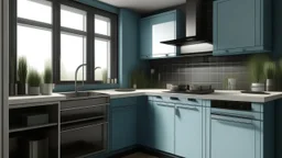 kitchen with blue, on the left side by the window from the bottom up, a microwave and an oven installed in the furniture, and on the right side and next to it an induction hob and a cooker hood above it, on the right side there is a sink and a dishwasher underneath it