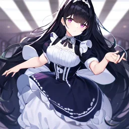 Clear focus,High resolution, black long fluffy hair, long fluffy bangs, purple eyes, wearing a maid outfit but instead of a long dress she is wearing puffy shorts