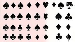 playing card symbols, 4 rows of symbols including diamond, spade, hearts and clubs, inky weathered and degraded looking vector style with rough irregular edges and holes, inspired by IM Fell font
