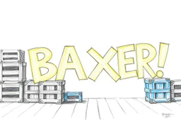 a drawing with sketch lead pencil, The word "BAXER" in yellow floating like a big sign, strong painting, strong expression, BAXER!, BAXER! the word Baxer, WOODEN CRATES AND BLUE BARRELS