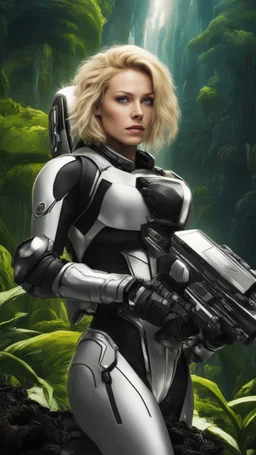 wide-angle Photo of a Sci-fi woman, with blond hair, wearing a silver and black spacesuit looking like an android, on an alien jungle planet