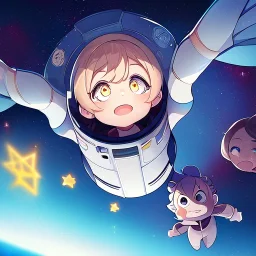 Clear focus, High resolution, A anime kid, cute, rough line skecth, flying in space, starts around kid, sparkling eyes